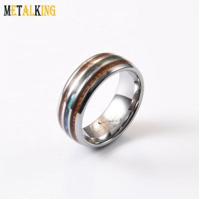 China Hot Selling Fashion 8mm Tungsten Abalone Shell Ring Hawaii Koa Wood Inlay Wedding Band for sale