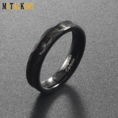 China Fashion 4mm Hammered Black Tungsten Ring With Black Fire Crushed Opal Inlay Women Wedding Bands for sale