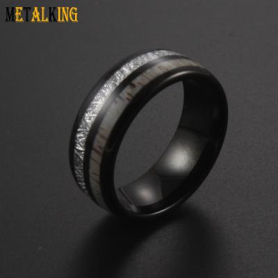 China Fashion 8mm Black Tungsten Carbide Ring With Deer Antler And Meteorite Inlay Wedding Bands For Men for sale