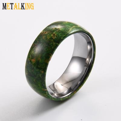 China Fashion 8mm Tungsten Silver Wedding Ring With Box Elder Inlay Engagement Engagement Band Green Wood Ring for sale