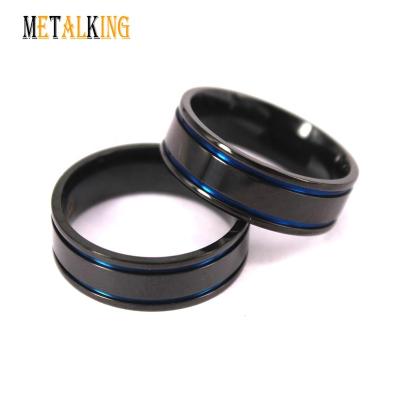 China CLASSIC Plated Black Titanium Ring With Blue Line Groove Engagement Wedding Ring Flat High Polished Men's for sale