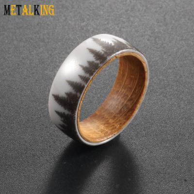 China Fashion 8mm White Ceramic Laser Inlay Couples Ring Forest Domed Whiskey Barrel Wood Wedding Band for sale