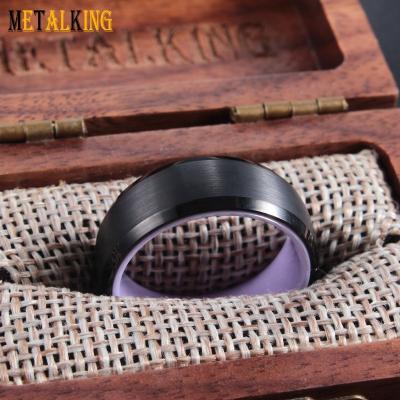 China FASHIONABLE Black 8mm Tungsten Carbide Ring With Purple Ceramic Insert Hewn Edge Style for sale