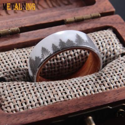 China TRENDY Laser Cut Forest Pattern White Ceramic Ring with Wooden Whiskey Barrel Insert for sale