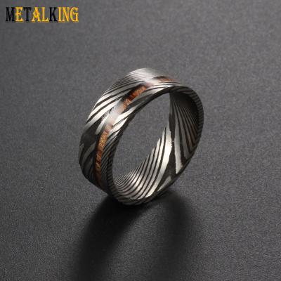 China FASHIONABLE Wood Inlay Mens Womens Ring Black Plated Wedding Band 8mm Damascus Steel Koa Hunting Ring for sale