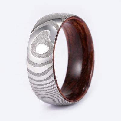 China TRENDY 8mm Damascus Steel Wedding Band Rings With Rosewood Sleeve Damascus Steel Ring For Women Men for sale