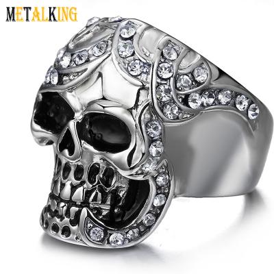 China Biker Mens Skull Punk Ring With Cubic Zirconia Stainless Steel Cast Biker Index Ring Finger Ring for sale