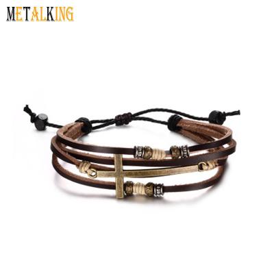 China Leather & Alloy Men's Multi-Stranded Leather Cross Brown Braided Genuine Leather Adjustable Wristband Wrap Bracelet for sale