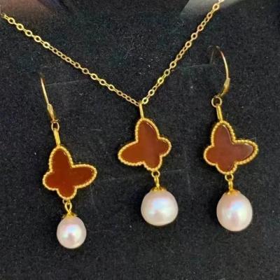 China Fashion AU750 Real 18K Gold Pure Luxury TRENDY Pure Pearl Charm Pendant Necklace Earring Sets Female Maid Jewelry Ladies Women Necklaces for sale