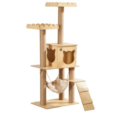 China Sustainable Indoor Pet Supplies Wooden Climbing Tree Cat Jumping Toy Fun Cat Scratching Posts Solid Cats Climb Frame Tower Housing for sale