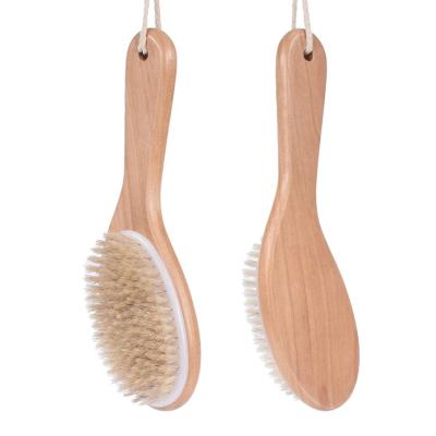 China All Natural Hot Sale Bathroom Pallet Boar Bristle Bath Brush Wooden Body Brush Scrub Shower Brush With Curved Handle for sale