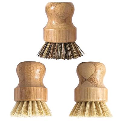 China Round Eco-friendly Mini Wooden Kitchen Pot Washing Dish Sweep Bamboo Cleaning Brush Sisal Dish Rubbing Brush for sale