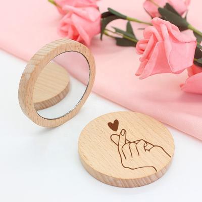 China Hot Selling Round Beech Wooden Mirror Eco-friendly Design Pocket Mirror AMAZONE Pocket Makeup Hand Mirror For Girls Gift for sale