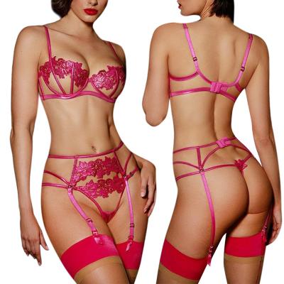 China Sexy 3 Piece Exotic Lingerie Garter Set Women Sets High Waisted Strappy Bra and Panty Sets Floral Lace Mesh Lingerie Underwear Sheer for sale