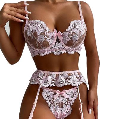 China Sexy Garter Set Lingerie For Women, Floral Embroidered Lingerie, Sheer Lace Underwire Bra And Sexy Panty Garters 3 Piece Set for sale