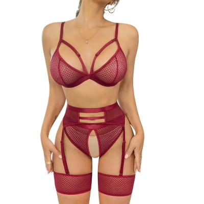 China Soft Women's Exotic Lace Lingerie Set High Waisted Garter Strappy Net Lingerie Mesh Bra and Panty Sets 4 Pieces for sale