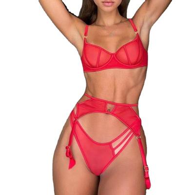 China Sexy Garter Set Hot Fast Selling Red Garter Steel Ring Strapping Insti New Year Valentine's Day Fun Women's Lingerie Three-Piece Underwear Set for sale