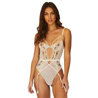 China 2021 New Sexy Corset Jumpsuit Embroidered Lingerie For Women Sexy Lingerie Garter Set Floral Lace Underwire Teddy Sheer Jumpsuit for sale