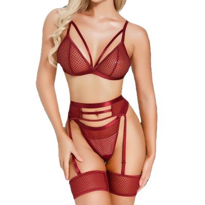 China Soft Christmas Women's Exotic Lingerie 4 Pieces Set Strappy Net Lace Bra and Panty Set High Waisted Mesh Underwear for sale