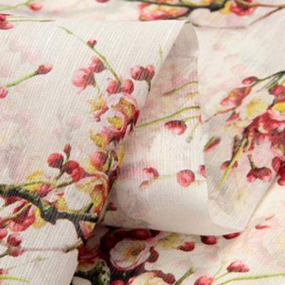 China Viable Chinese style new design plum blossom flower printed silk fabric for girls dress fabric materials for sale