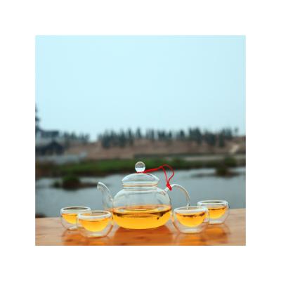 China Minimalist Food Grade High Borosilicate Glass Teapot With Infuser Heart Warmer And Upright Cup for sale