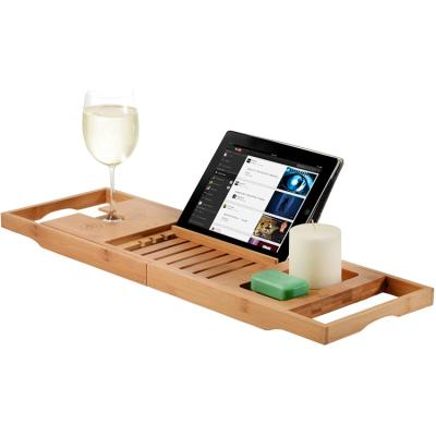 China Modern Natural Bamboo Bathtub Tub Trolley Tray with Extendable Arm for sale