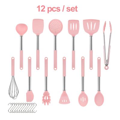 China Sustainable Silicone Kitchen Utensil Set 12 Pieces Pink Green Blue Color Silicone Heat Resistant Non-Stick Baking Tool Cookware Sets for sale