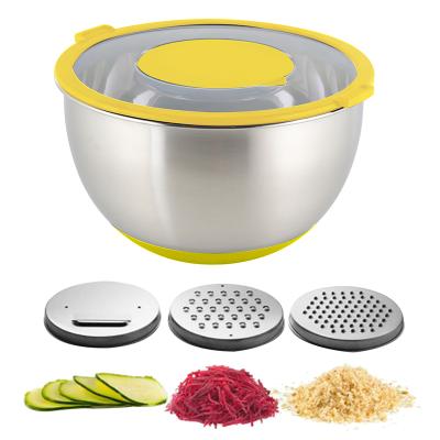 China Sustainable Kitchen Salad Bowl Stainless Steel Mixing Bowl Set With Lid And Transpapent Grater for sale