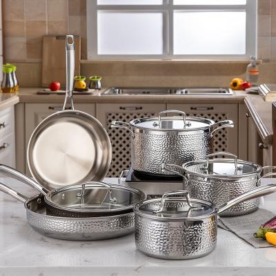 China 6 PCS Viable Custom High Quality Pots And Pan Hammered Cookware Set Stainless Steel Trifold for sale