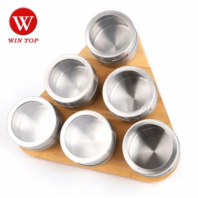 China Hot Sale 6 PCS Spice Bottles Container Stainless Steel Viable Magnetic Spice Jar Set With Bamboo Base for sale