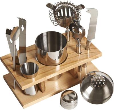 China 9 Pcs Stainless Steel Cocktail Set Sustainable Cocktail With Wooden Stand for sale