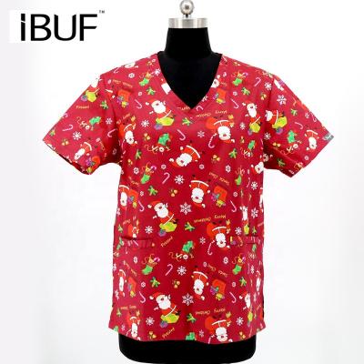 China Soft Anti-Shrink Handfeeling Printed Uniform Scrub Set For Christmas Top Pants for sale