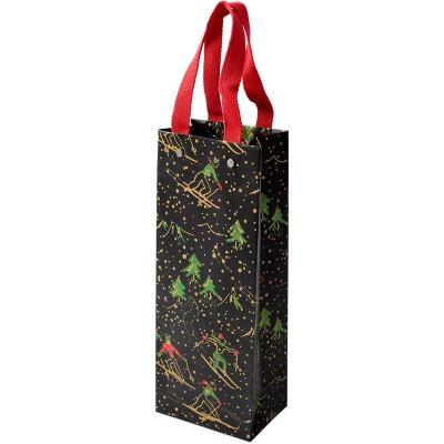 China Small Long Square Bottom Base Christmas festival cheer Black Paper Bag For Red Wine Glass Bottle for sale