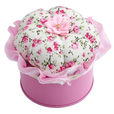 China Pink Country Style Needle Pillow Floral Print Storage Cup Cake Form Romantic Pin Cushion Holder Home DIY Sewing Accessories for sale