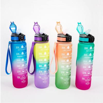 China Customized Viable Sports Plastic Water Bottle Flip Straw Lid Water Tumbler Space Cup BPA Free Gradient Tritan 32OZ With Time Marker for sale