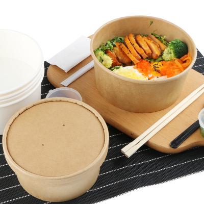 China 1300ml Disposable Food Container Brown Kraft Paper Bowl Soup Salad Bowl With Paper Lid On Existing Sale for sale