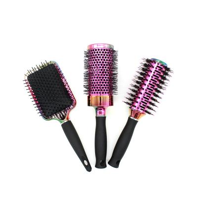 China Salon paddle hair brush, UV electroplating hairbrush, aluminum barrel with bristle hairbrush for sale