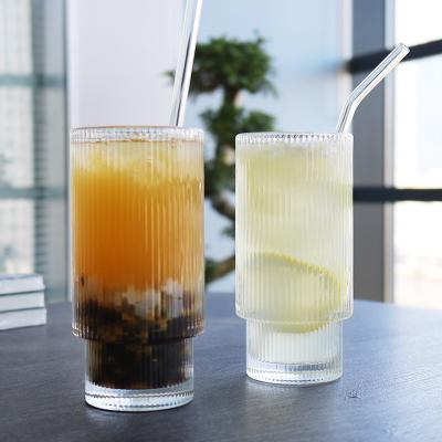 China Milk Cola Juice Beer Durable Beer Glass Cup Customized Wholesale Bestselling Vertical Stripes Coffee Juice Cup Transparent Glass Ice Cream Milk Well for sale