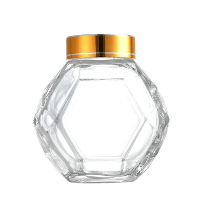 China 380ml Cover Food Storage Empty Hexagon Bamboo Natural Glass Honey Jar Container Glass Honey Jar Wholesale With Plunger for sale