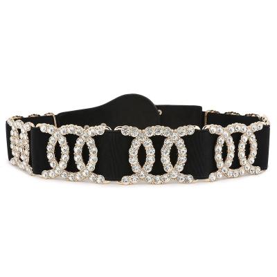 China Custom crystal stretch belt ladies elasitc belt rhinestone fashion women rhinestones luxury PU western elastic crystal belt for sale