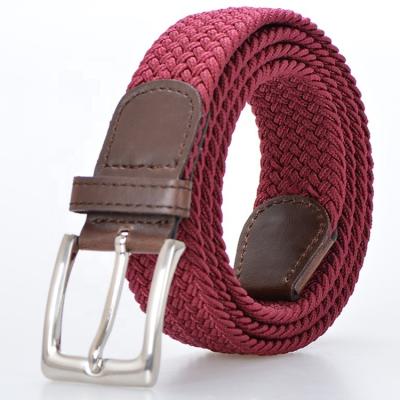 China Fashional Fabric PU Tag Burgundy Color Leather Elastic Braided Stretch Belts For Jeans Men for sale