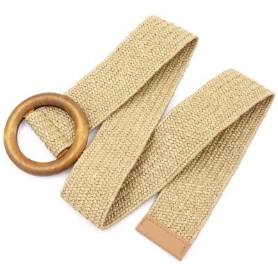 China Fashional Female Belt Designer Woven Elastic pp Straw Stretch Belt With Round Woven Wide Wooden Buckle for sale