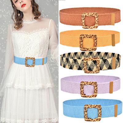 China Fashional Fashion Elastic Bohemian PP Grass Lady Braided Belt Big Buckle Straw Colorful For Summer Woman Dress Jeans Belt for sale