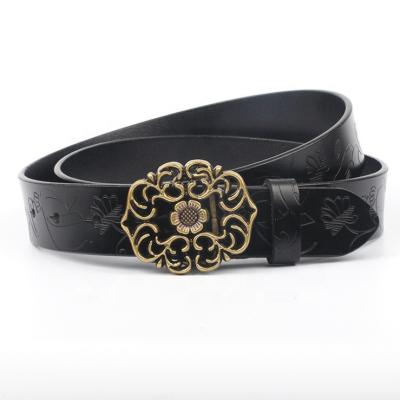 China Vintage Ethnic Wholesale Women's Belts Retro Genuine Leather Fancy Belt Buckle National Flower-shaped Hollow Ladies Cowhide Belts for sale