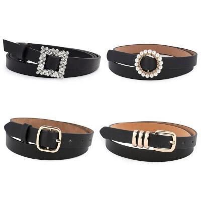 China Water Proof Women's Belts Fashion Faux Leather Belt For Jeans Square Pearl Rhinestone Buckle for sale