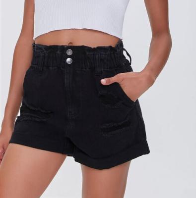 China Durable distressed elastic band and diagonal pockets distressed denim shorts for sale