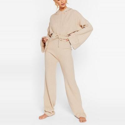 China Breathable Oatmeal Hoodie And Pants Casual Lounge Wear Women Two Pieces Ribbed Knit Sweater Sets for sale