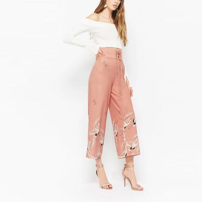 China Warm Breathable Spring Europe Bird Print Lace Up Ankle Pants Girls Palazzo Pants for sale