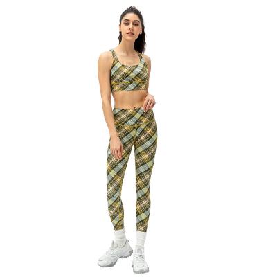 China Women High Waisted Four Way Stretch Sexy Tight Yoga Pants Chess Plaid Girl Clothing Gym Active Fitness Set for sale