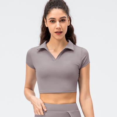 China High Waisted Women's Sexy Solid Active Solid Short Sleeve Breathable Sport Turn-Down Collar Yoga Top for sale